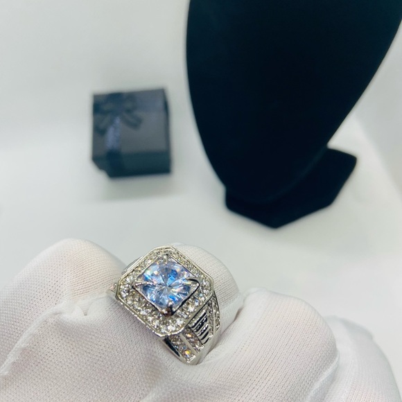 NEW Men Silver Square Diamond Wide Band Ring - Picture 6 of 11